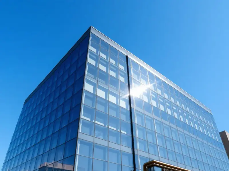 Fachada de vidro de um edifício de escritórios contra o céu azul