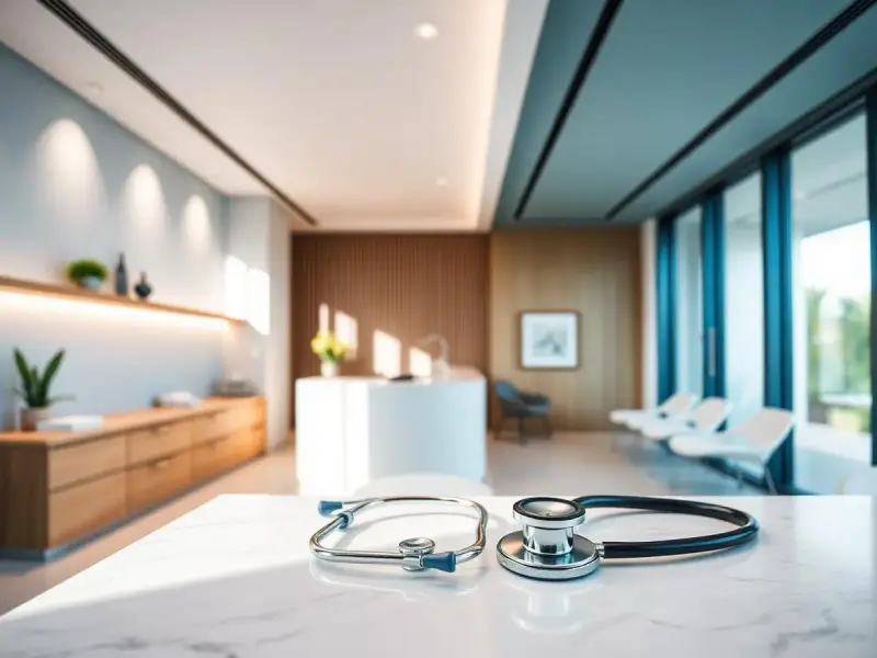 Consultório médico com equipamento e luz natural
