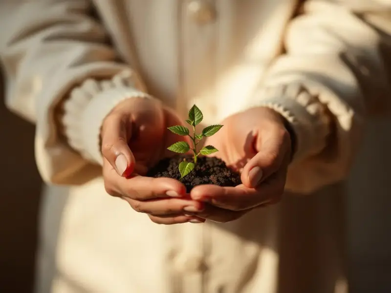Mãos em concha a segurar uma pequena planta